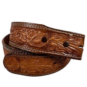 Western tooled brown Tan Leather Belt vintage floral boho cowgirl southwestern